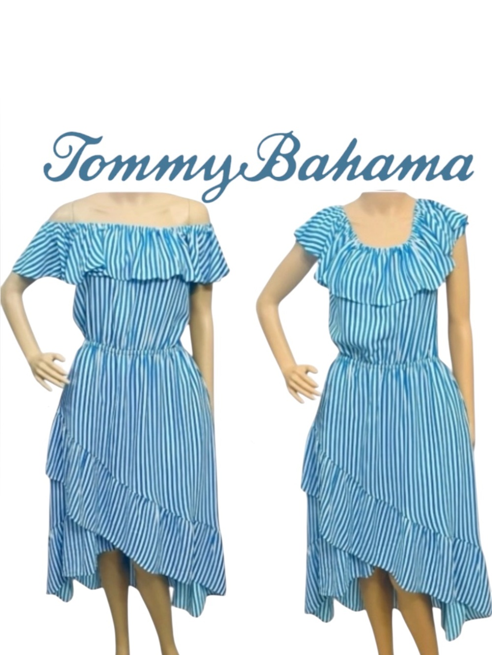 Tommy Bahama Dress Palm Party Off-The-Shoulder Flounce Midi Blue Stripes XS $138